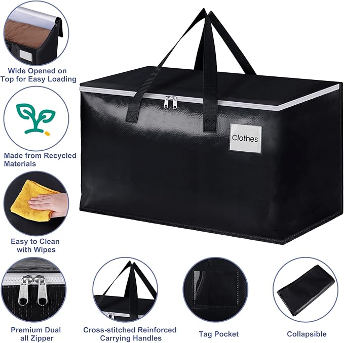 StorageRight Heavy Duty Moving Boxes-Moving Bags with Zipper, Reinforced Handles and Tag Pocket-Collapsible Moving Supplies-Totes for Storage Great for moving, Storage and Travel 93L(Black-4 Pack)