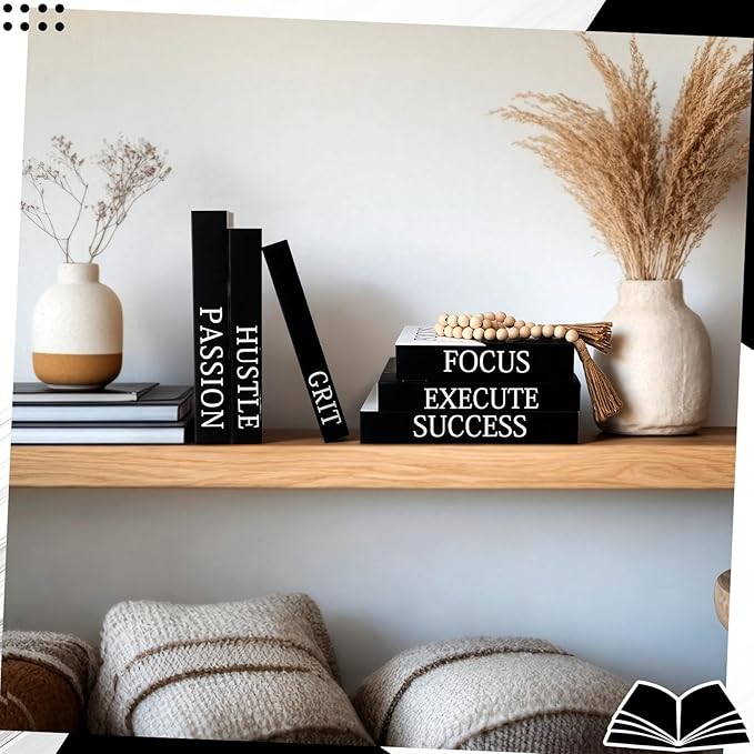 Menkxi 6 Motivational Decorative Books with Wood Bead Tassel Garland - Modern Faux Books for Office Desk, Bookshelf & Coffee Table Decor - Inspirational Aesthetic Black & White Fake Book Box Set