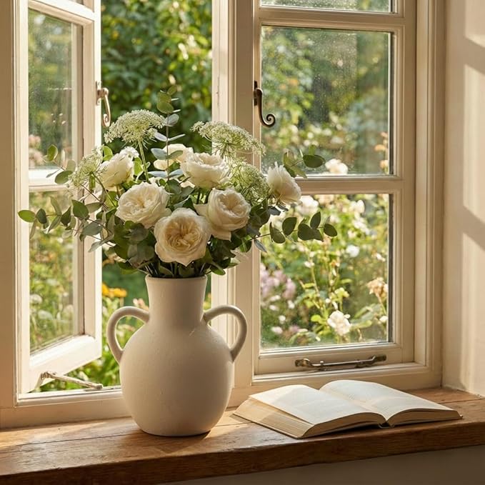 SIDUCAL Rustic Ceramic Farmhouse Flower Vase with 2 Handles, Terracotta Vase, Decorative Pottery Flower for Home Decor, Table, Wedding, Living Room, Shelf Decor, 7.3 Inch, White