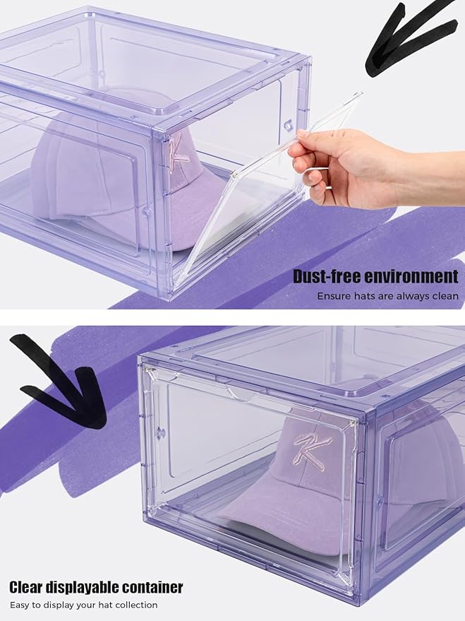 6 Pack Hat Organizer Box, Stackable Clear Baseball Caps Holder Box Containers with Magnetic Door for Hats Snapback Cap Storag, Hat Rack Display Case, Holds 8 Hats Each (Purple)