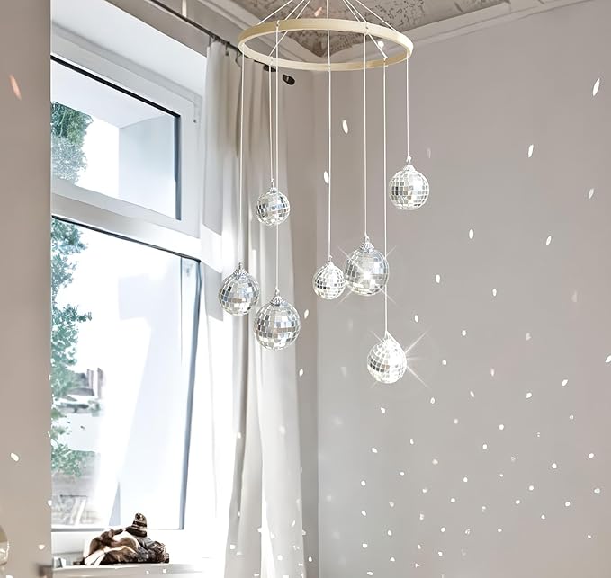 Dazzling Disco Ball Mobile, Spiral Spinner Ball, 7.8 Inch Nature Bamboo Circle, Indoor Outdoor Yard Garden Patio Home Decoration for Party Activities Wedding Birthday Music Festival