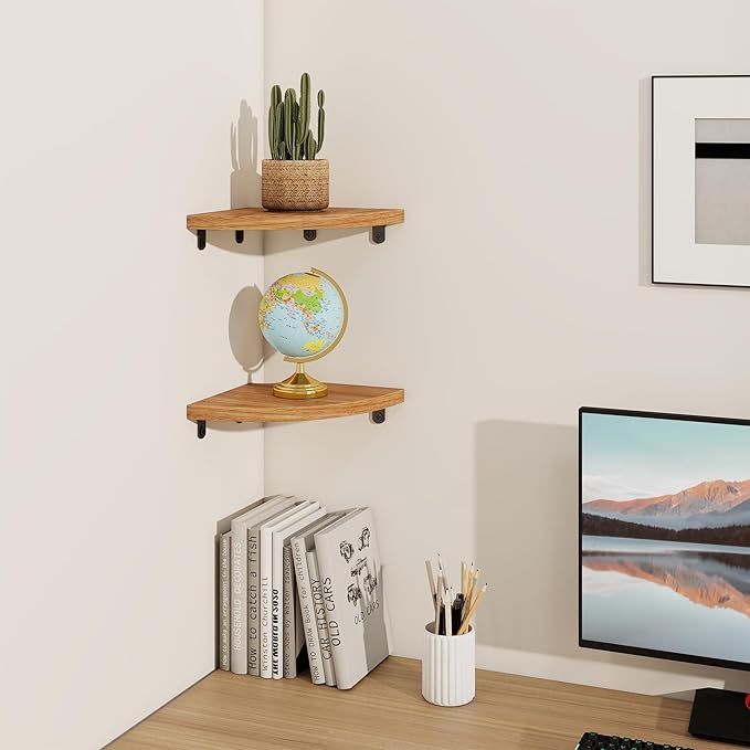 Fun Memories Corner Shelf Wall Mount Set of 2 - Solid Oak Wood Floating Corner Shelf with Cable Hole, 7in Rustic Design for Bedroom, Living Room, Kitchen (Natural)