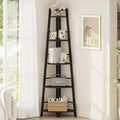 BON AUGURE 5-Tier Corner Shelf, Industrial Tall Corner Bookshelf for Living Room, Narrow Ladder Bookcase with Metal Frame, Rustic Wood Corner Plant Stand for Small Space, Home Office, Black Oak