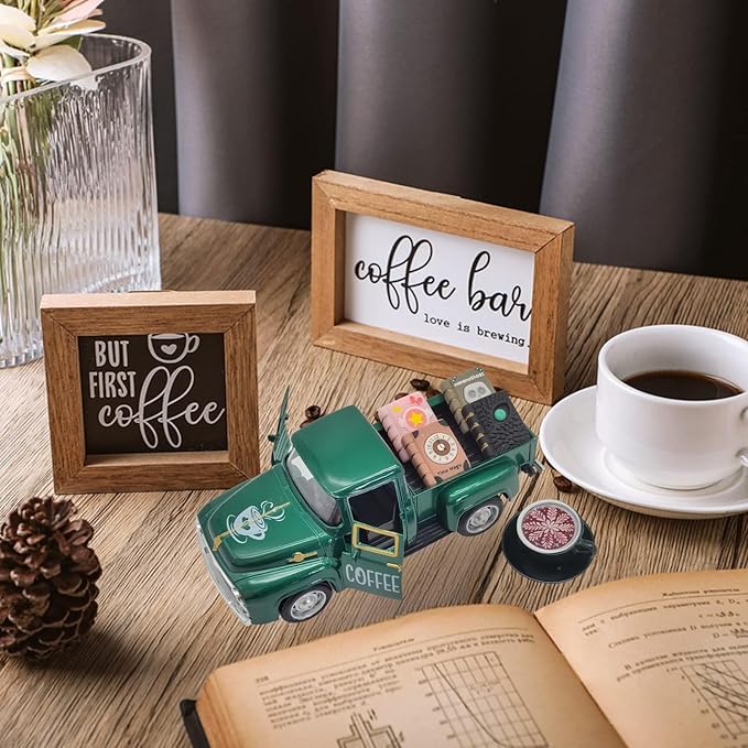 Coffee Bar Decor Vintage Mini Metal Pickup Truck Decorations with Book Accessories for Coffee Station, Farmhouse Tiered Tray Table Decorations for Home Kitchen, Office, Cafe
