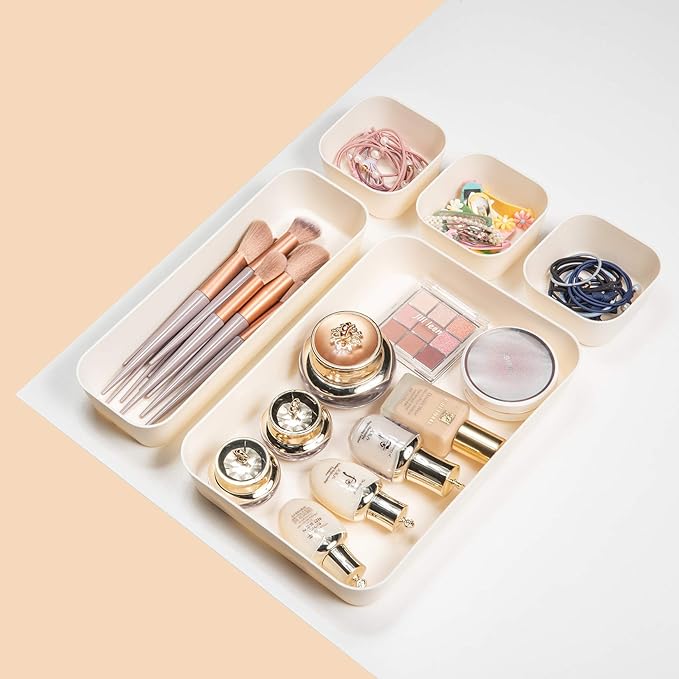 Backerysupply Set Of 12 Beige Color Plastic Desk Drawer Organizers For Makeup Bathroom Office Kitchen Vanity Drawer Storage Box Container