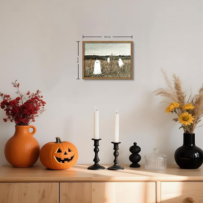Framed Vintage Halloween Wall Art, Cute Ghost Meadow Painting, Rustic Landscape Canvas Halloween Wall Decor, Aesthetic Spooky Ghost Wall Art for Living Room Bedroom Bathroom 8x10 inch