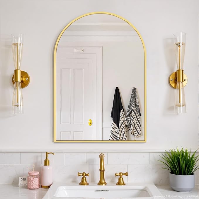 Bathroom Mirror for Wall, 30x20 Inch Arched Mirror, Matte Gold Metal Framed Bathroom Vanity Mirror for Restroom Farmhouse, Anti-Rust, Tempered Glass, Hanging or Leaning