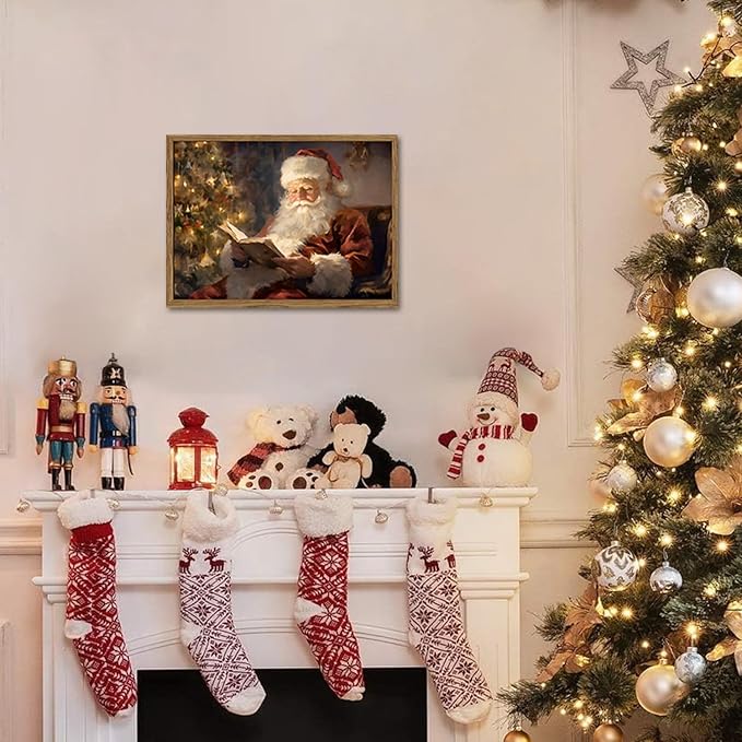 Framed Vintage Christmas Canvas Wall Art, Santa Claus Reading Book Paintings Wall Decor, Rustic Winter Holiday Pictures Prints for Living Room Bedroom Home Decoration 16×24 inch