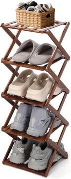 Shoe Rack Foldable, Portable Shoes Organizer Standing Shelf, Multifunctional Vertical Narrow Shoe Rack for Entryway, Closet, Bedroom and Hallway(Dark Brown, 5 Layers)