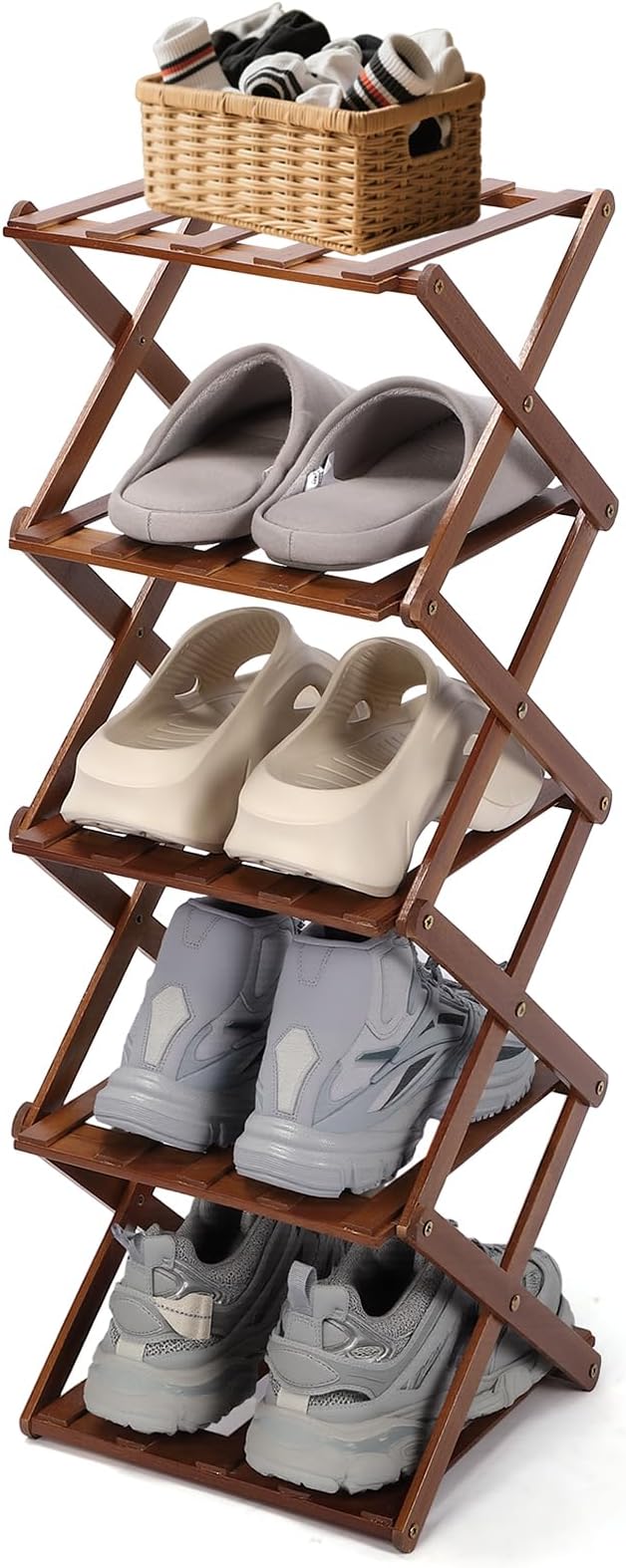 Shoe Rack Foldable, Portable Shoes Organizer Standing Shelf, Multifunctional Vertical Narrow Shoe Rack for Entryway, Closet, Bedroom and Hallway(Dark Brown, 5 Layers)