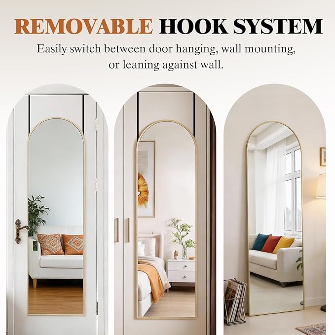 DUMOS 47"x14" Full Length Door Mirror, Arched Full Body Mirror with Aluminum Alloy Thin Frame, Leaning or Hanging, Suitable for Bedroom, Livingroom, Cloakroom, Gold