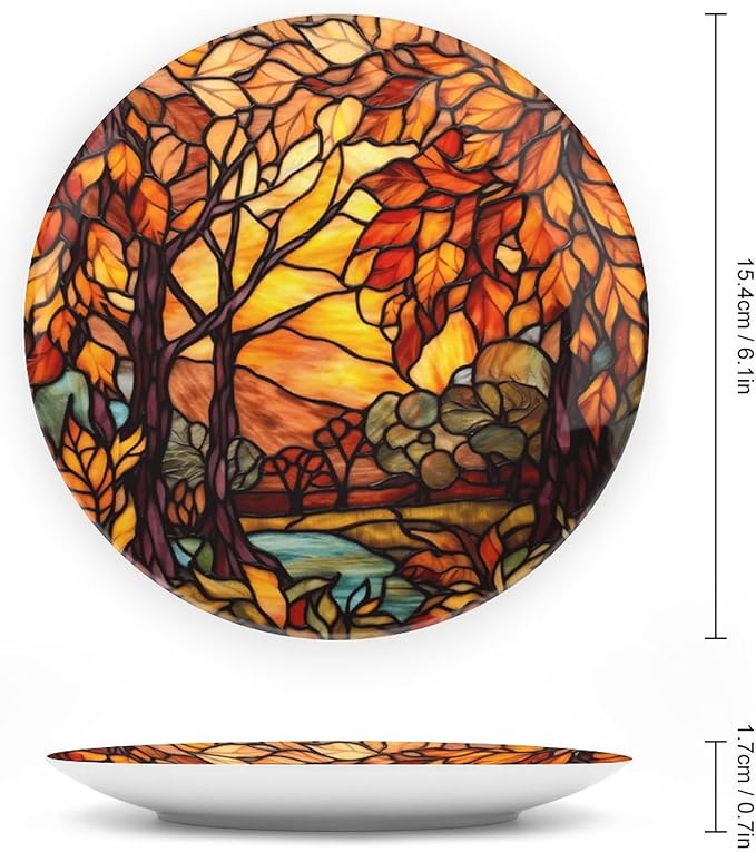 Decorative Plates, Stained Glass Design Fall Tree Landscape Ceramic Dinner Plate Home Wobble-Plate with Display Stand, Autumn Wall Hanging Decor for Living Dining Room Kitchen Household 6 Inch
