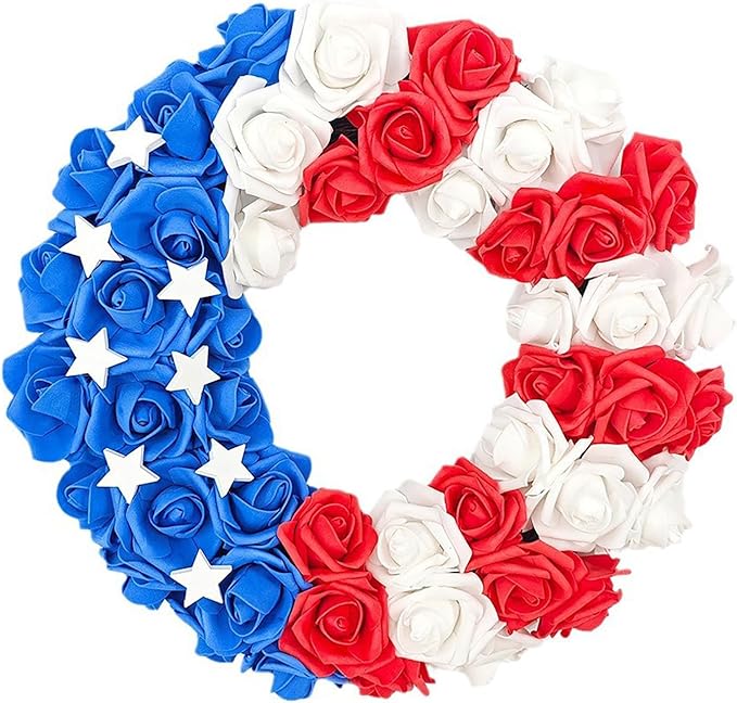 Patriotic Wreath for Front Door Red White Blue Wreath 4th of July Wreaths for Door Wall Memorial Day Decor Independence Day Hanging Decoration for Outside Home Farmhouse Holiday (Flower)