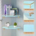 Tirzah Blue Wall Mount Corner Shelf with Gold Metal Guardrail, 2-Tier 9.5-inch Diamond-Shaped Wood Corner Floating Shelves for Home Decor Kitchen Organizer