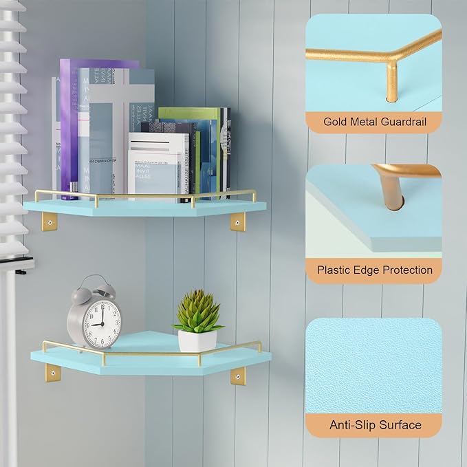 Tirzah Blue Wall Mount Corner Shelf with Gold Metal Guardrail, 2-Tier 9.5-inch Diamond-Shaped Wood Corner Floating Shelves for Home Decor Kitchen Organizer