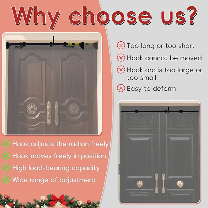 Front Door Garland Hanger Suitable for 32"-80" Width Doors, Tool-Free Non-Destructive Adjustable Hanger for Valentine's Day Wreaths, Heart Decorations, String Lights