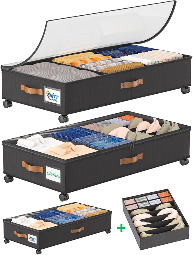 Under Bed Storage with Wheels, 2-Pack 58L Under the Bed Storage Containers with Lids, 1-Pack 15L Box, Organizer Bins Rolling Underbed Storage for Clothes, Underwear, Socks, Shoes - Delicate Style