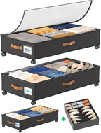 Under Bed Storage with Wheels, 2-Pack 58L Under the Bed Storage Containers with Lids, 1-Pack 15L Box, Organizer Bins Rolling Underbed Storage for Clothes, Underwear, Socks, Shoes - Delicate Style