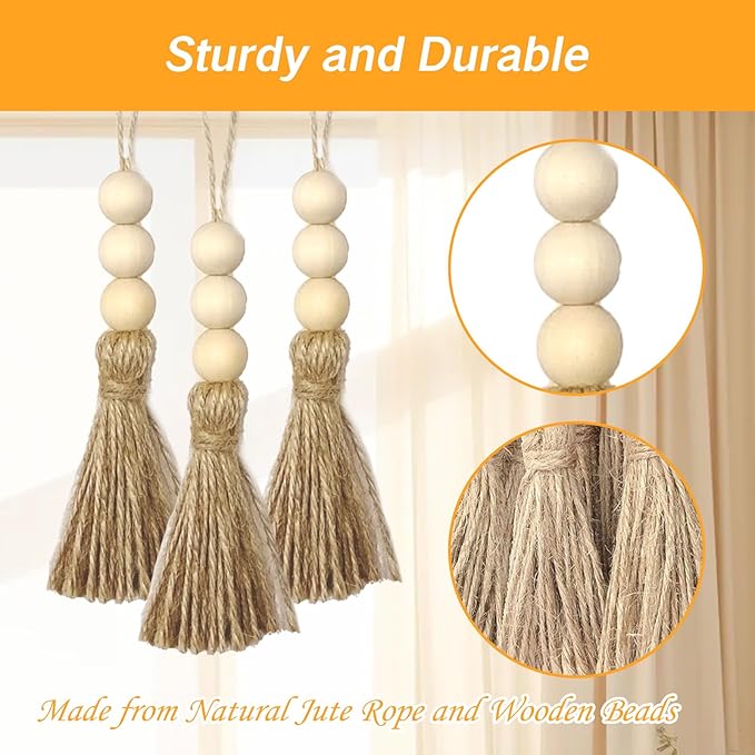 10 Pack Tassel Ornaments with Wood Beads Jute Tassels for Christmas Tree Boho Giant Hemp Rope Decor DIY Craft Garland Project for Wedding Home Party Decorations (Natural Color)