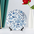 Chinese Blue and White Porcelain Ceramic Decorative Plate, Pattern Decorative Dish with Stand, Blue Bone China Decorative Plates Art Porcelain Plate for Living Room Hallway Table Decor
