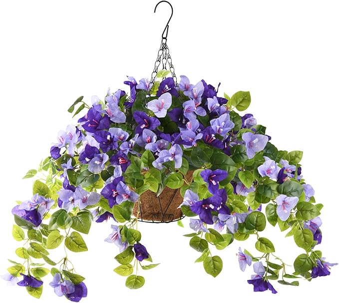 Homsunny Artificial Fake Hanging Flowers Plants Basket for Outdoor Decoration, Faux Silk Flower Bougainvillea Planter Look Real UV Resistant for Home Porch Patio Balcony Yard Spring Decor(Purple)
