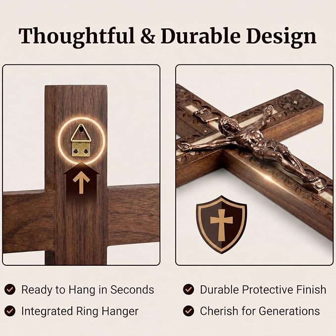 Woodvio - Hand carved wooden wall cross, Catholic crucifix