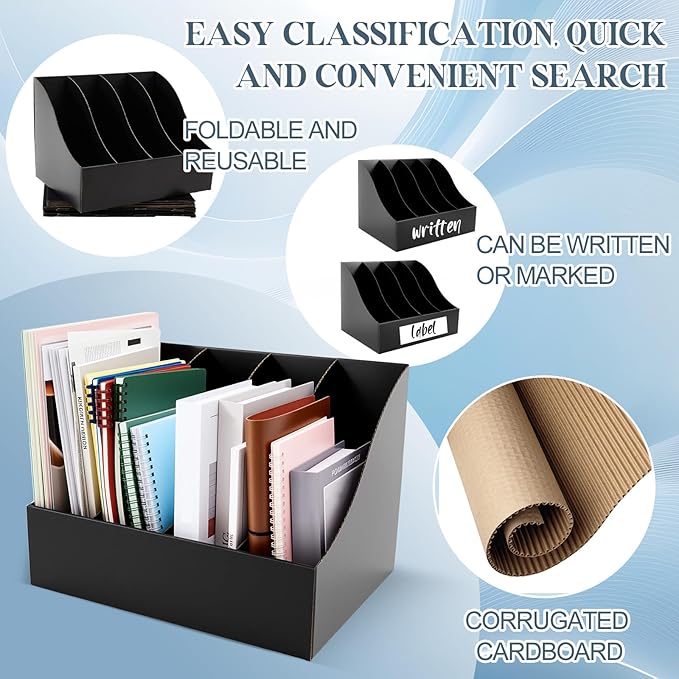 3 Pack Cardboard Magazine File Holders 12 Grids Vertical Book Bins 10.6'' x 10.2'' x 14'' Magazine Document Storage Box for Desk Shelves Home Office Classroom Library Use (Black)