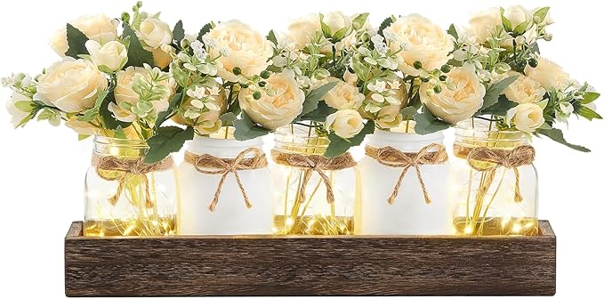 Mkono Mason Jar Lights Centerpiece Table Decor for Dining Room Farmhouse Wood Tray with Flowers Valentines Day Decoration for Coffee Table Kitchen Living Room Wedding