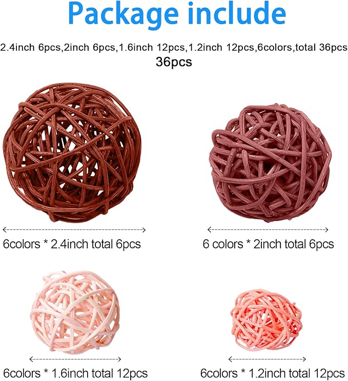 Patelai 36 Pcs Wicker Rattan Balls Decorative Balls for Vase Centerpiece Bowls Orbs Filler for Home Decor,4 Sizes(Boho,2.4'',2'',1.6'',1.2'')