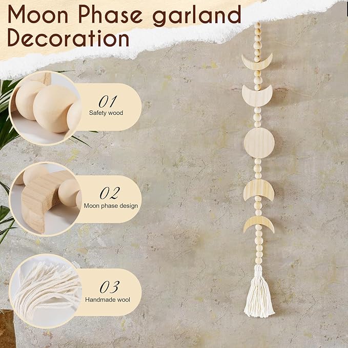 Wooden Moon Phase Wall Hanging, Celestial Bedroom Decor Aesthetic Boho for Home (Beige)