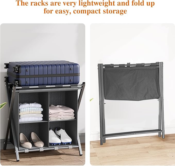 aboxoo 2 Pack Luggage Rack with storage, Guest Room Folding Suitcase Stands, Holds up to 120 lb, Space Saving Suitcase Holders for guest room, Bedroom Hotel, Grey
