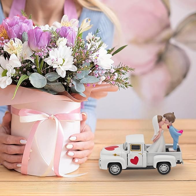 Valentines Day Decorations Farmhouse Vintage Mini Truck with Love Couple Figurines, Heart Pattern, Valentine's Day Home Tiered Tray Decor Valentine & Wedding Table Centerpiece Gifts for Her Him