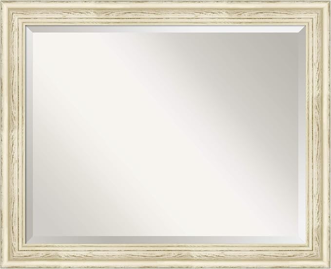 Amanti Art White Wall Mirror 26x32 Country White Wash Rectangle Bathroom Mirror for Wall Decor Living Room, Large Country Rustic Wood Frame, Hangs Horizonally and Vertically, Bathroom Decor, Beveled