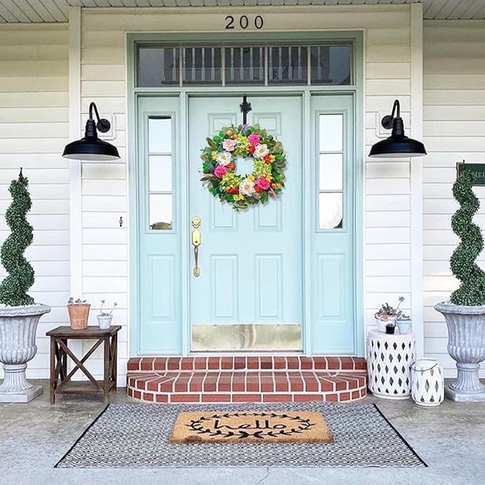Pinkpuii 24 Inch Spring Wreaths for Front Door- Outdoor Spring Summer Flower Wreath with Vibrant Peony Hydrangea Flower, Green Eucalyptus Leaves and Orange Berry- Ideal for Porch,Mantel,Home Wall