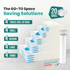 20 Pack Vacuum Storage Bags, Plastic Space Saver Seal Bags (4 Jumbo/4 Large/4 Medium/4 Small/4 Roll) Compression for Clothes, Mattress, Blankets and Bedding Storage, Hand Pump Included