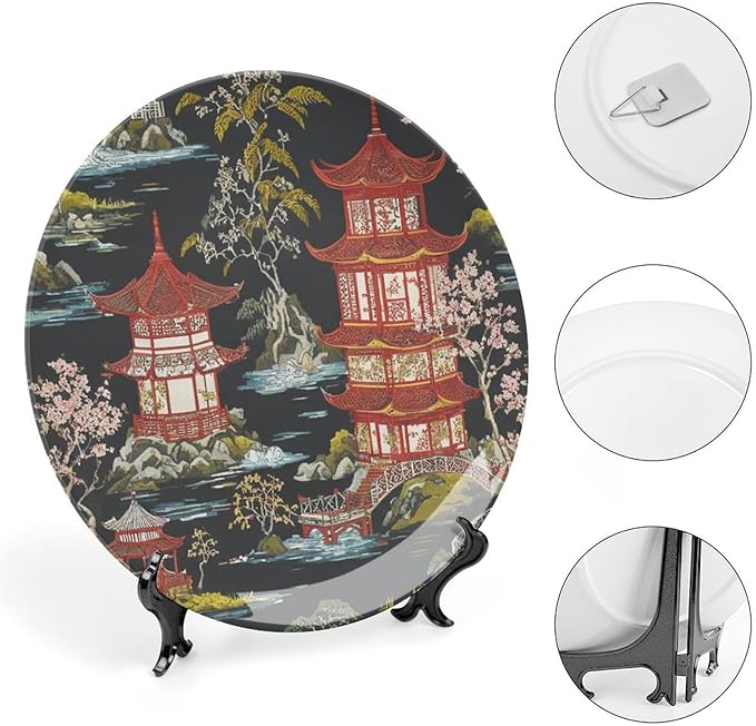 Chinoiserie Charcoal Coral Pagoda Asian Plates Ceramic, Personalized Handmade Decorative Plate for Kitchen Display Housewarming Gifts Decor, with 1 Display Stand Art Decorations for Household Table