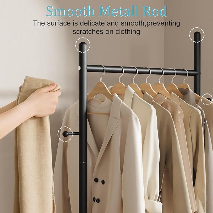 Nianerfaya Clothes Rack with 2 Hooks, Standing Garment Storage for Indoor - Coat Rack for Hanging Clothes for Bedroom - 25.6" Wide Garment Rack Metal Clothing Hanger Rack (Black)