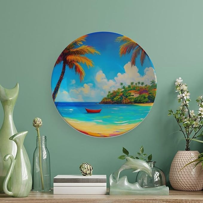 Coconut Trees Theme Decorative Ceramic Plate Round Porcelain Plate,10 inch,Beach Pattern,for Decorative Ornaments Giving Plates,1 Plate with 1 Display Stand,Blue Green