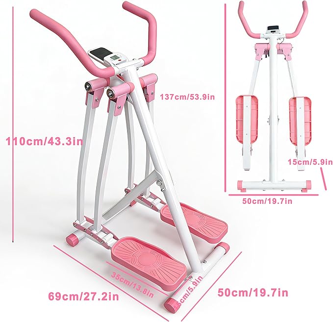 Elliptical Machine Glider - Foldable Cardio Cross Trainer for Home, Exercise Machine with LCD Display, Low-Impact Full-Body Workout Equipment for Small Spaces, Leg and Arm Exercise Machine, Pink