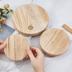 SUPERFINDINGS 3 Sizes Wooden Display Risers Wood Pedestal Stand Wood Round Flat Tray Rustic Display Riser for Home Bathroom Kitchen Counter Décor and Organize, 20/15.2/12.6cm