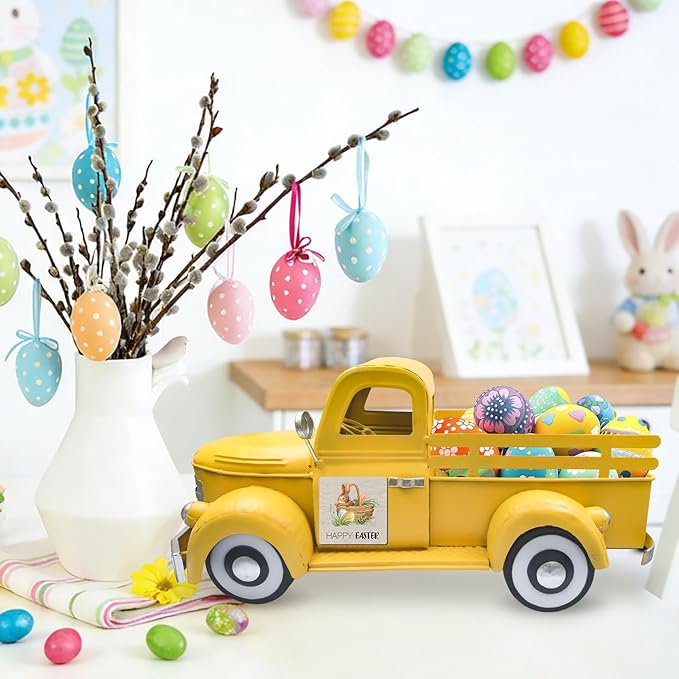 Farmhouse Lemon Decor 13.4 Inch Large Vintage Truck with 20 Magnets Interchangeable Seasonal Decor Rustic Metal Pickup Spring Summer Lemon Centerpieces for Tables Home Lemonade Party, Yellow
