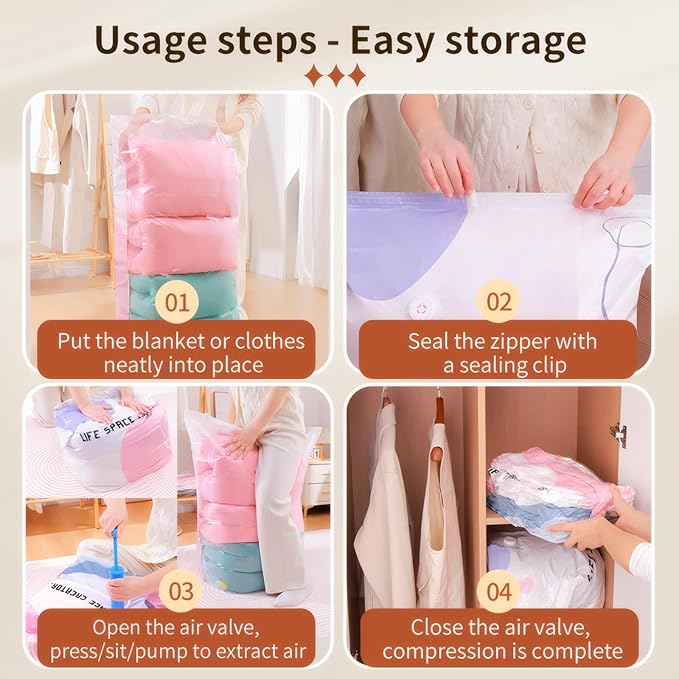 4 Pack Vacuum Storage Bags, Space Saver Bag Vacuum Seal Bags for Clothing Travel Moving Blankets Pillows Storage and Organization, Hand Pump Included(80 X 60 cm)