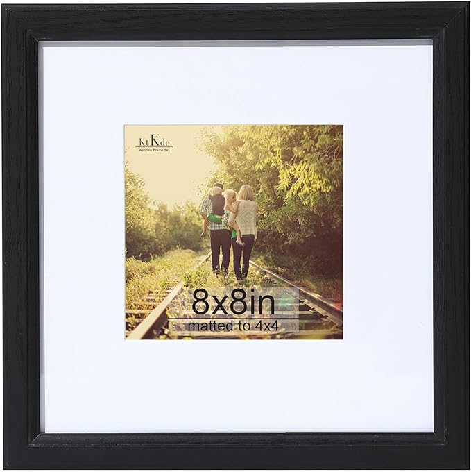 KTKDE 8x8 Picture Frame Real Glass, Display Pictures 4x4 with Mat or 8x8 Without Mat, Modern Style Wood Composite Frame,Black Gallery Wall Frame & Table Top Display，best gift