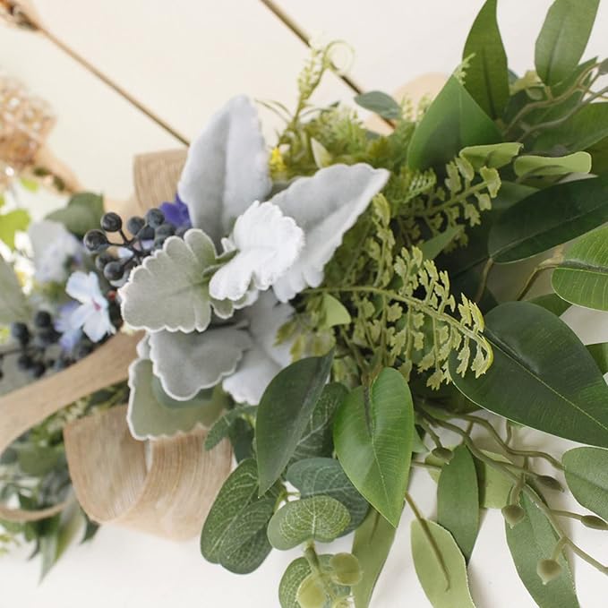 Artificial Eucalyptus Swag with Daisy Flower 25.6in Greenery Swag with Bow and Flocking Leaves Berries Farmhouse Decorative Swag for Home Wedding Wall Door Decor