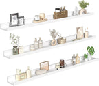 HOOBRO Floating Shelves, Wall Shelf Set of 3, 47.2 Inches Hanging Shelf with Raised Edge and Invisible Brackets, for Bathroom, Bedroom, Kitchen, Office, Living Room Decor, White WT92BJ01