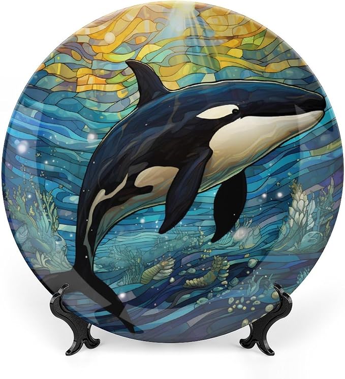 Decorative Plates for Wall Hanging, Underwater Whale Stained Glass Painting Ceramic Plate w/Display Stand, Home Decor for Kitchen Cabinets, Farmhouse Round Tray 8 Inch, Gift for Whale Lover