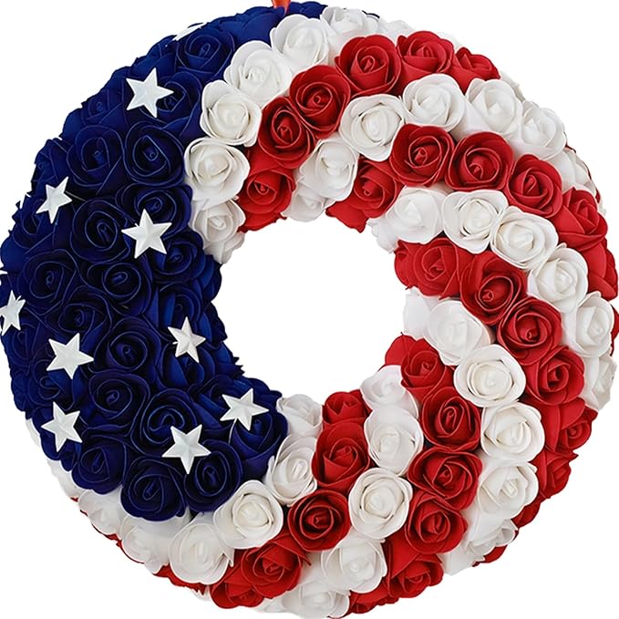 Idyllic 20 Inch Patriotic Wreath, PE Roses with Metal Stars, Suitable for Front Door, Wall, Home Decoration & Memorial Day, 4th of July Decorations