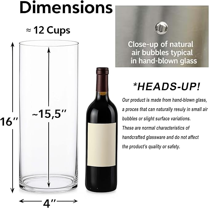 CYS Excel (H:16” D:4”) Tall Clear Glass Cylinder Vase | Multiple Size Choices Glass Flower Vase Centerpieces | Tall Hurricane Floating Candle Holder