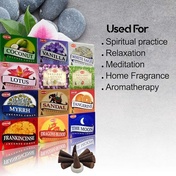 Hem 12 Assorted Boxes of Incense Cones, (120 Total)| Natural Fragrance for Aromatic Rooms | Odor Remover Incense for Stress Relief & Relaxation (Assorted 3)