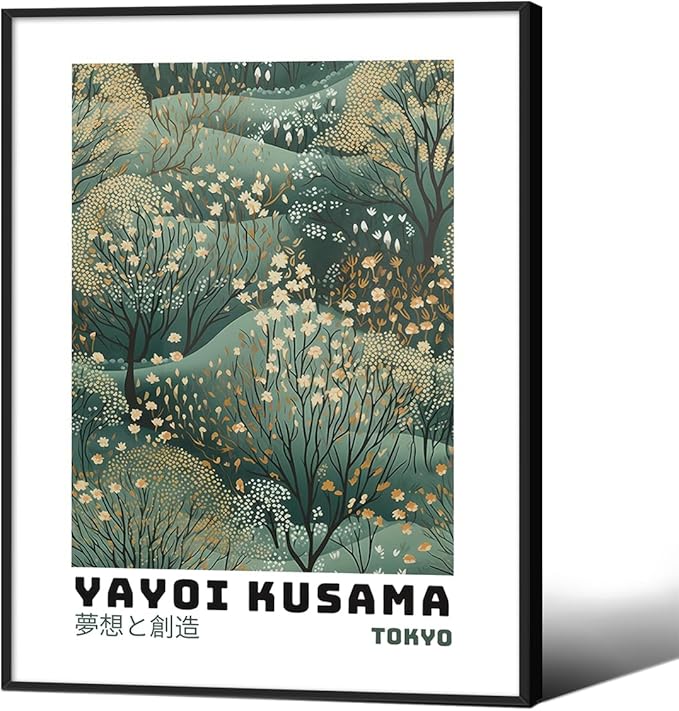 Yayoi Kusama Inspired Poster Japanese Botanical Wall Art Abstract Yayoi Kusama Print Modern Ukiyo-e Japanese Gallery Wall Decor 12x16in Black Framed for Home Bedroom Decorations